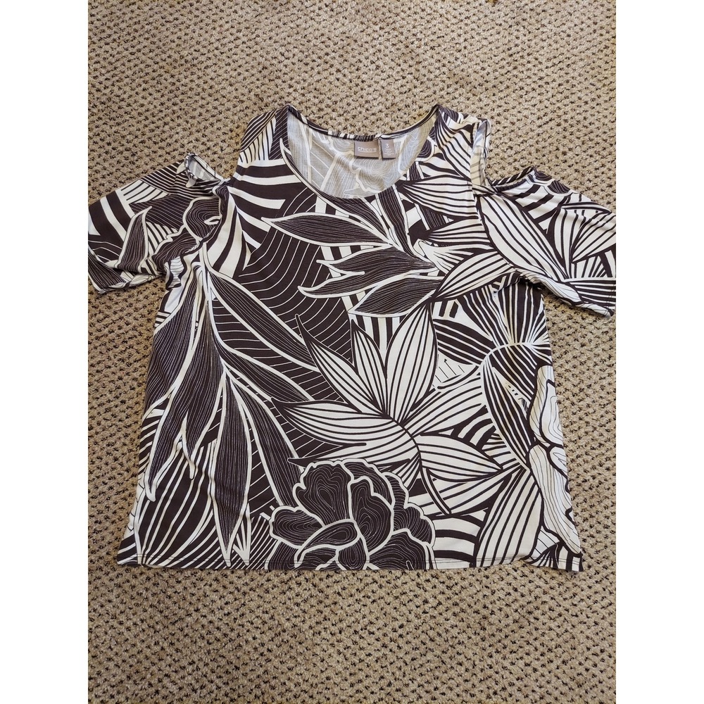 Chicos Brown White Tropical Floral Cold Shoulder Top Size 3 XL Short Sleeve